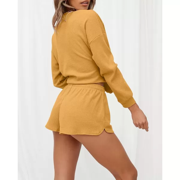 imageZESICA Womens Waffle Knit Long Sleeve Top and Shorts Pullover Nightwear Lounge Pajama Set with PocketsYellow