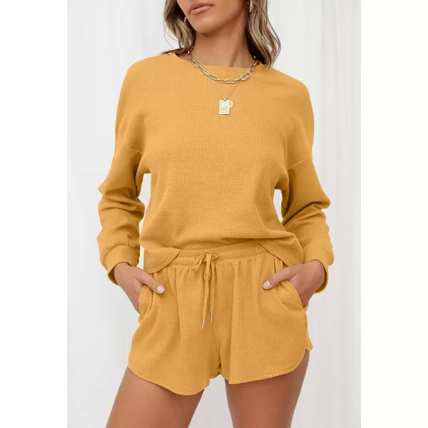 imageZESICA Womens Waffle Knit Long Sleeve Top and Shorts Pullover Nightwear Lounge Pajama Set with PocketsYellow