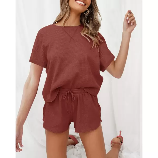 imageZESICA Womens Waffle Knit Pajama Set Short Sleeve Top and Shorts Loungewear Athletic Tracksuits with PocketsBrickred