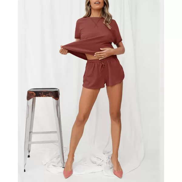 imageZESICA Womens Waffle Knit Pajama Set Short Sleeve Top and Shorts Loungewear Athletic Tracksuits with PocketsBrickred