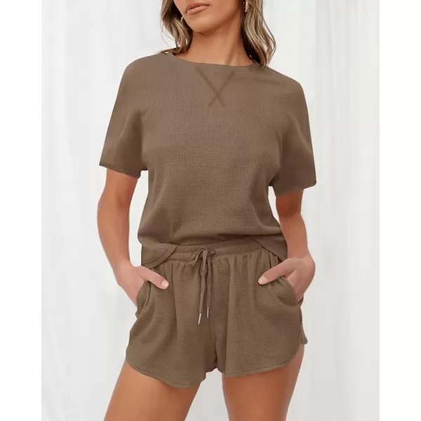 imageZESICA Womens Waffle Knit Pajama Set Short Sleeve Top and Shorts Loungewear Athletic Tracksuits with PocketsDarkkhaki