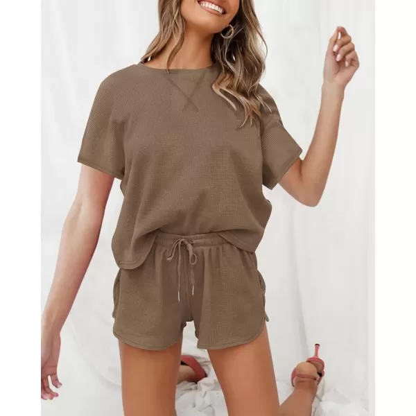 imageZESICA Womens Waffle Knit Pajama Set Short Sleeve Top and Shorts Loungewear Athletic Tracksuits with PocketsDarkkhaki
