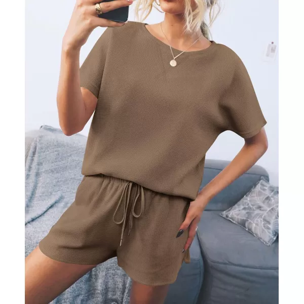 imageZESICA Womens Waffle Knit Pajama Set Short Sleeve Top and Shorts Loungewear Athletic Tracksuits with PocketsDarkkhaki