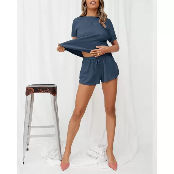 imageZESICA Womens Waffle Knit Pajama Set Short Sleeve Top and Shorts Loungewear Athletic Tracksuits with PocketsNavyblue