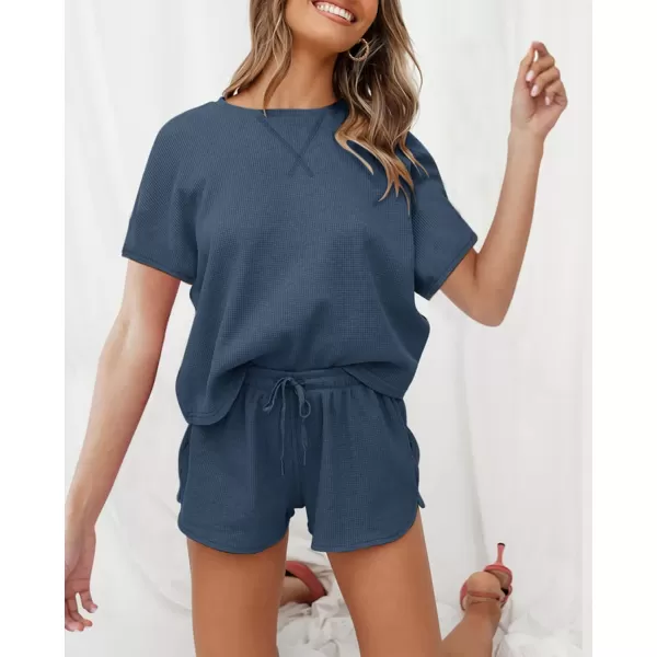 imageZESICA Womens Waffle Knit Pajama Set Short Sleeve Top and Shorts Loungewear Athletic Tracksuits with PocketsNavyblue