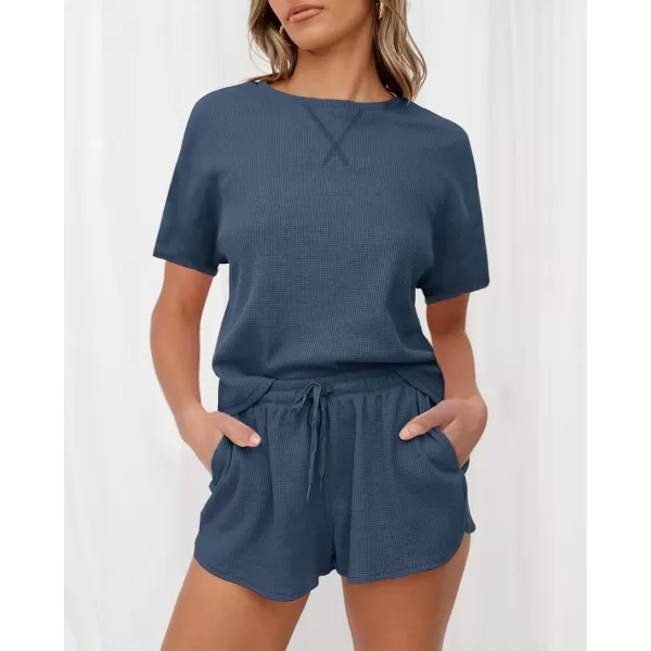 imageZESICA Womens Waffle Knit Pajama Set Short Sleeve Top and Shorts Loungewear Athletic Tracksuits with PocketsNavyblue