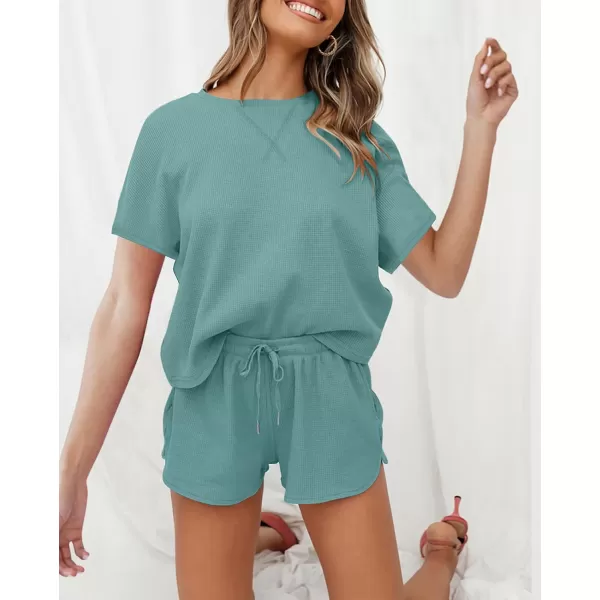 imageZESICA Womens Waffle Knit Pajama Set Short Sleeve Top and Shorts Loungewear Athletic Tracksuits with PocketsTurquoise
