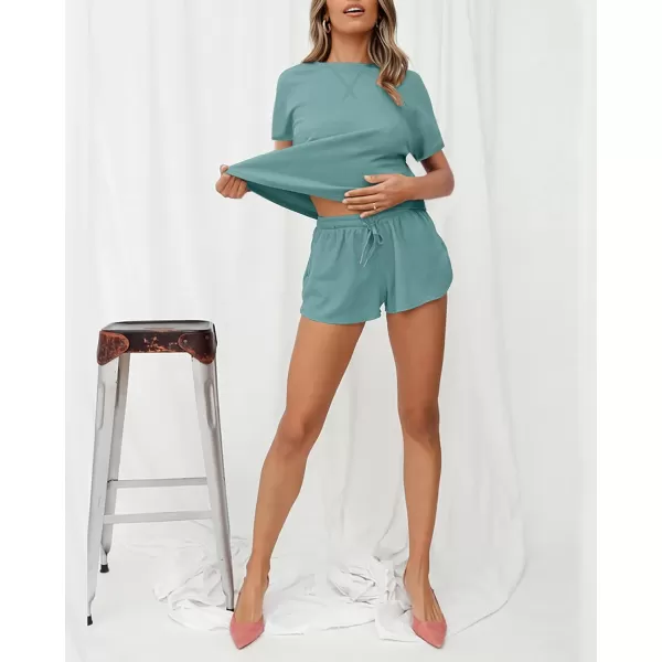 imageZESICA Womens Waffle Knit Pajama Set Short Sleeve Top and Shorts Loungewear Athletic Tracksuits with PocketsTurquoise