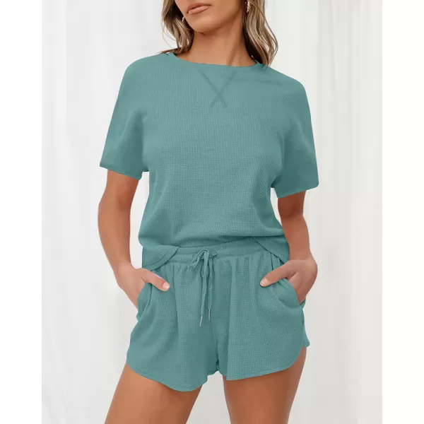 imageZESICA Womens Waffle Knit Pajama Set Short Sleeve Top and Shorts Loungewear Athletic Tracksuits with PocketsTurquoise