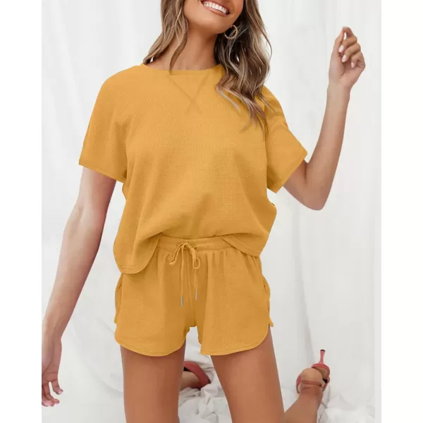 imageZESICA Womens Waffle Knit Pajama Set Short Sleeve Top and Shorts Loungewear Athletic Tracksuits with PocketsYellow