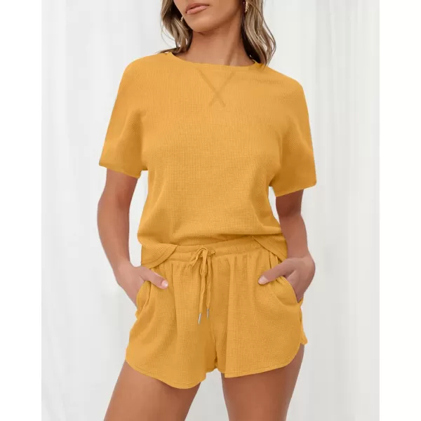 imageZESICA Womens Waffle Knit Pajama Set Short Sleeve Top and Shorts Loungewear Athletic Tracksuits with PocketsYellow