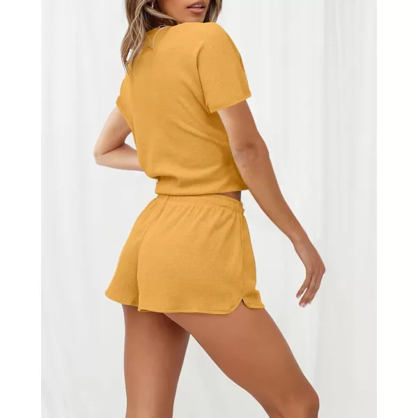 imageZESICA Womens Waffle Knit Pajama Set Short Sleeve Top and Shorts Loungewear Athletic Tracksuits with PocketsYellow