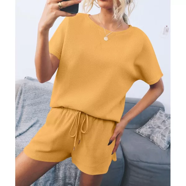 imageZESICA Womens Waffle Knit Pajama Set Short Sleeve Top and Shorts Loungewear Athletic Tracksuits with PocketsYellow