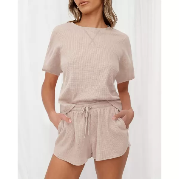 imageZESICA Womens Waffle Knit Pajama Set Short Sleeve Top and Shorts Loungewear Athletic Tracksuits with PocketsZESICA Womens Waffle Knit Pajama Set Short Sleeve Top and Shorts Loungewear Athletic Tracksuits with Pockets