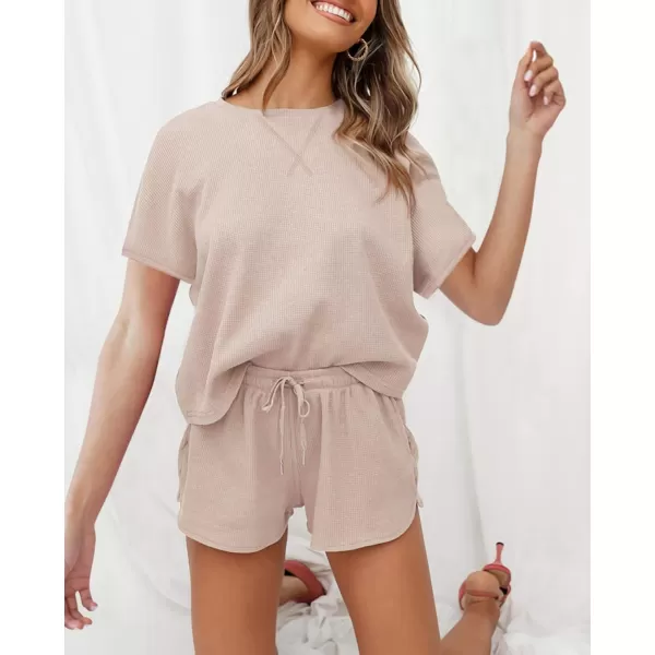 imageZESICA Womens Waffle Knit Pajama Set Short Sleeve Top and Shorts Loungewear Athletic Tracksuits with PocketsZESICA Womens Waffle Knit Pajama Set Short Sleeve Top and Shorts Loungewear Athletic Tracksuits with Pockets