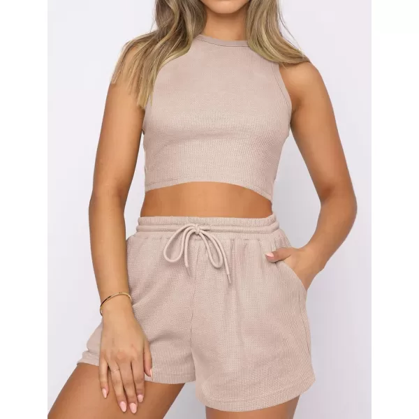 imageZESICA Womens Waffle Knit Sleeveless Crop Top and Shorts Pullover Nightwear Lounge Pajama Set with PocketsCropbeige