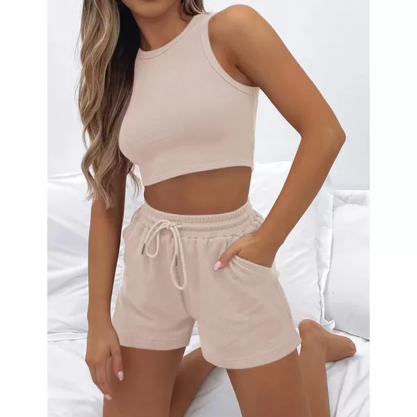 imageZESICA Womens Waffle Knit Sleeveless Crop Top and Shorts Pullover Nightwear Lounge Pajama Set with PocketsCropbeige