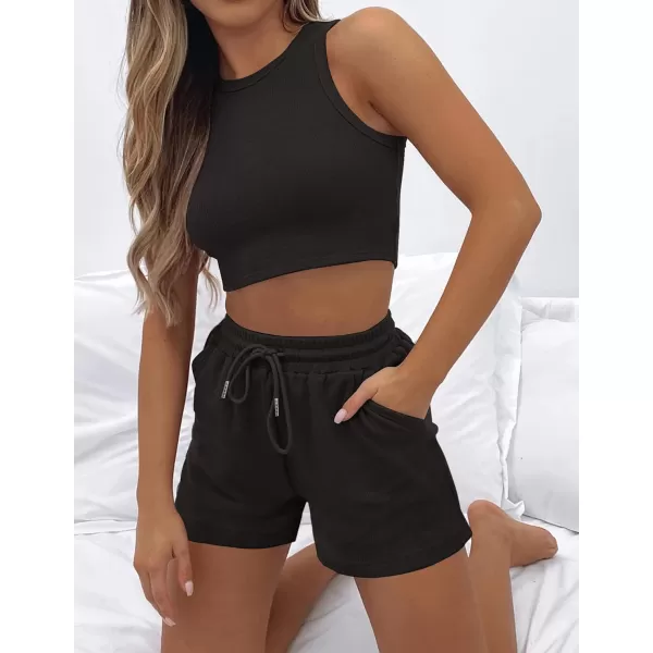 imageZESICA Womens Waffle Knit Sleeveless Crop Top and Shorts Pullover Nightwear Lounge Pajama Set with PocketsCropblack
