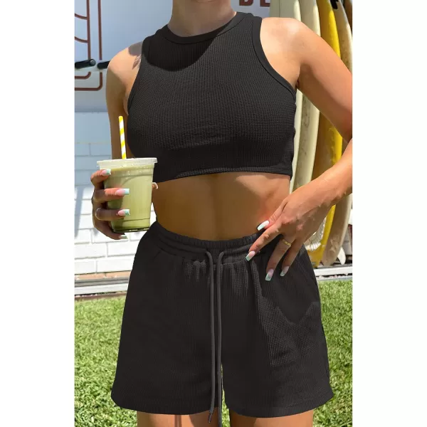 imageZESICA Womens Waffle Knit Sleeveless Crop Top and Shorts Pullover Nightwear Lounge Pajama Set with PocketsCropblack