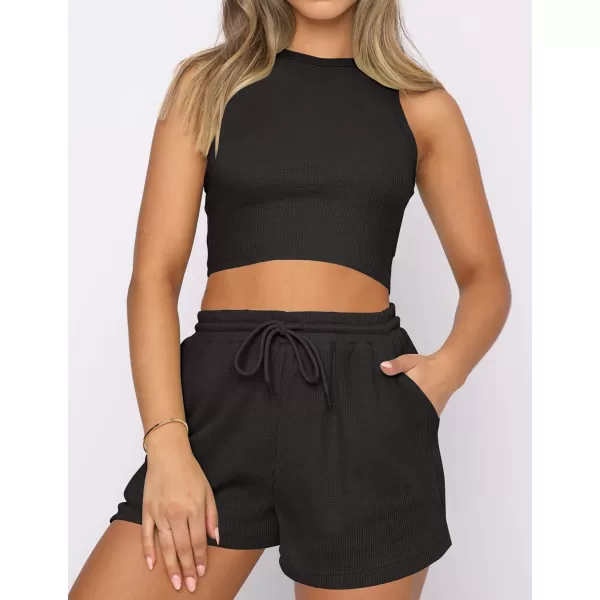 imageZESICA Womens Waffle Knit Sleeveless Crop Top and Shorts Pullover Nightwear Lounge Pajama Set with PocketsCropblack