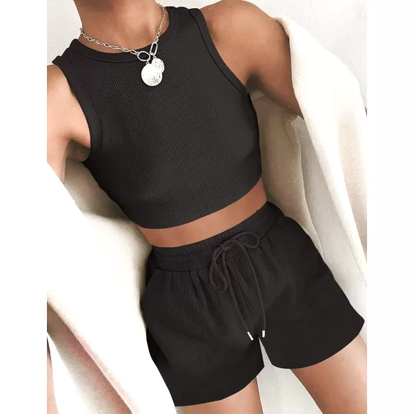 imageZESICA Womens Waffle Knit Sleeveless Crop Top and Shorts Pullover Nightwear Lounge Pajama Set with PocketsCropblack