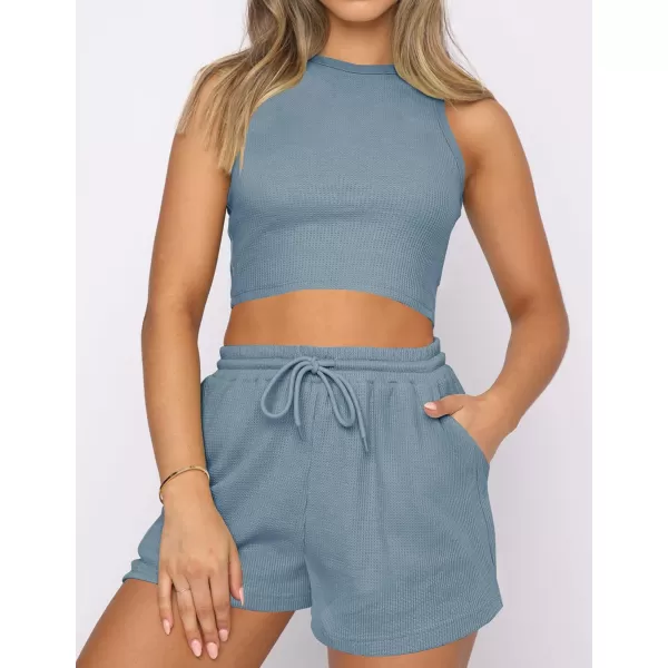 imageZESICA Womens Waffle Knit Sleeveless Crop Top and Shorts Pullover Nightwear Lounge Pajama Set with PocketsCropblue