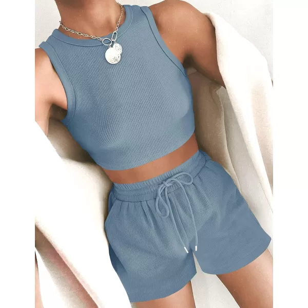 imageZESICA Womens Waffle Knit Sleeveless Crop Top and Shorts Pullover Nightwear Lounge Pajama Set with PocketsCropblue