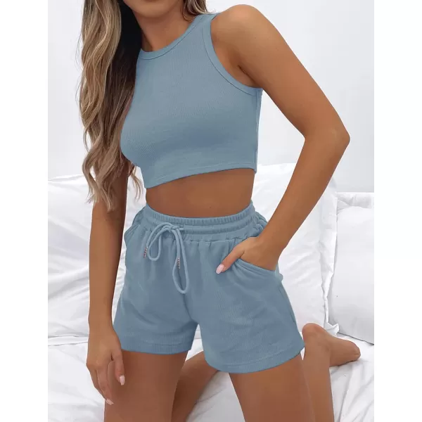 imageZESICA Womens Waffle Knit Sleeveless Crop Top and Shorts Pullover Nightwear Lounge Pajama Set with PocketsCropblue