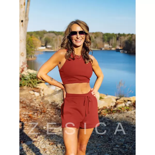 imageZESICA Womens Waffle Knit Sleeveless Crop Top and Shorts Pullover Nightwear Lounge Pajama Set with PocketsCropbrickred