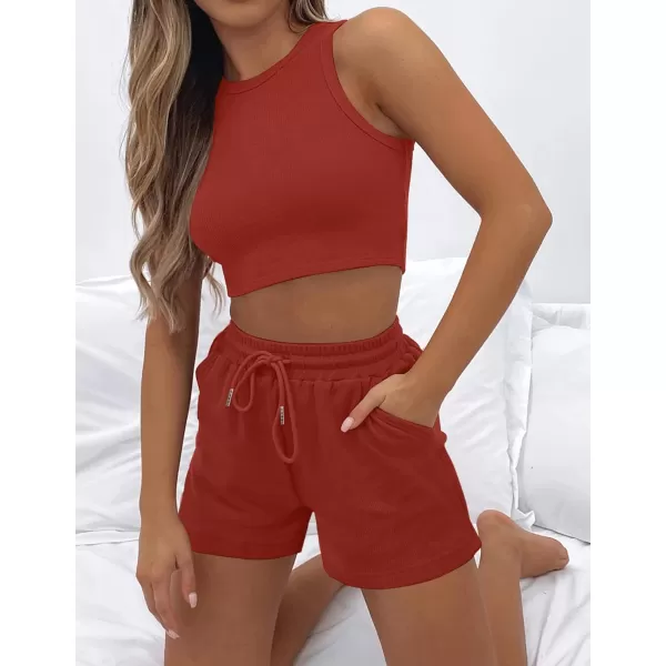 imageZESICA Womens Waffle Knit Sleeveless Crop Top and Shorts Pullover Nightwear Lounge Pajama Set with PocketsCropbrickred