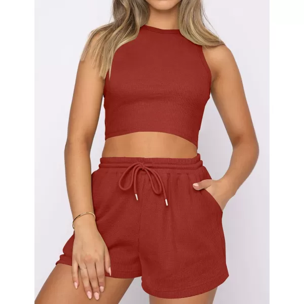 imageZESICA Womens Waffle Knit Sleeveless Crop Top and Shorts Pullover Nightwear Lounge Pajama Set with PocketsCropbrickred