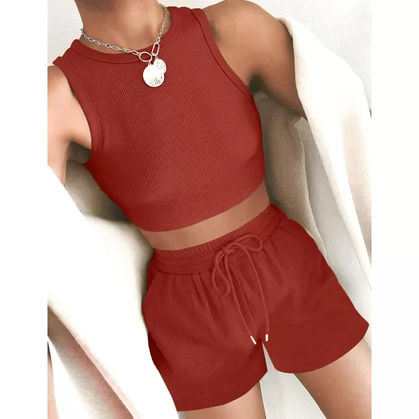 imageZESICA Womens Waffle Knit Sleeveless Crop Top and Shorts Pullover Nightwear Lounge Pajama Set with PocketsCropbrickred