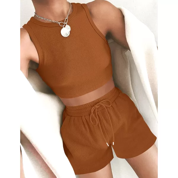 imageZESICA Womens Waffle Knit Sleeveless Crop Top and Shorts Pullover Nightwear Lounge Pajama Set with PocketsCropcaramel