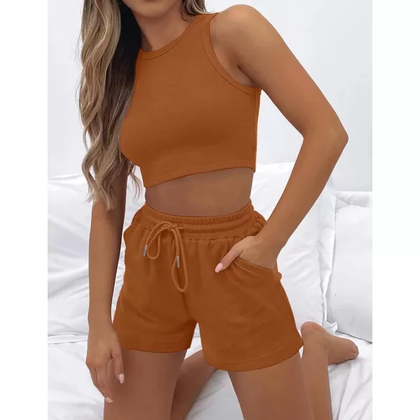 imageZESICA Womens Waffle Knit Sleeveless Crop Top and Shorts Pullover Nightwear Lounge Pajama Set with PocketsCropcaramel