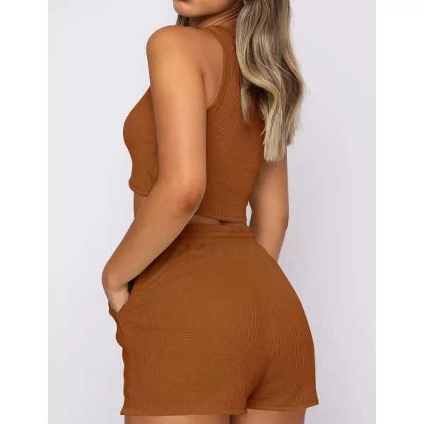 imageZESICA Womens Waffle Knit Sleeveless Crop Top and Shorts Pullover Nightwear Lounge Pajama Set with PocketsCropcaramel