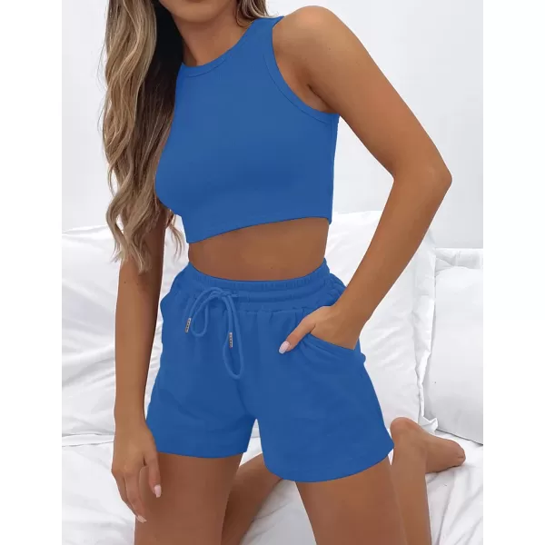 imageZESICA Womens Waffle Knit Sleeveless Crop Top and Shorts Pullover Nightwear Lounge Pajama Set with PocketsCropcobalt