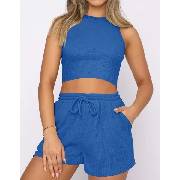 imageZESICA Womens Waffle Knit Sleeveless Crop Top and Shorts Pullover Nightwear Lounge Pajama Set with PocketsCropcobalt