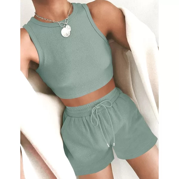 imageZESICA Womens Waffle Knit Sleeveless Crop Top and Shorts Pullover Nightwear Lounge Pajama Set with PocketsCropgreen
