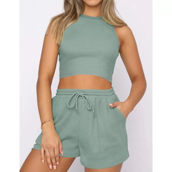 imageZESICA Womens Waffle Knit Sleeveless Crop Top and Shorts Pullover Nightwear Lounge Pajama Set with PocketsCropgreen