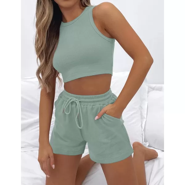 imageZESICA Womens Waffle Knit Sleeveless Crop Top and Shorts Pullover Nightwear Lounge Pajama Set with PocketsCropgreen