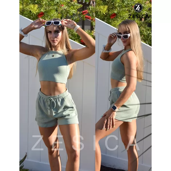 imageZESICA Womens Waffle Knit Sleeveless Crop Top and Shorts Pullover Nightwear Lounge Pajama Set with PocketsCropgreen