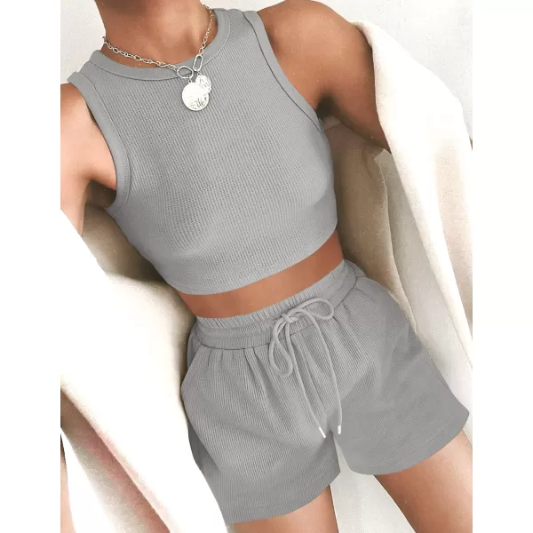 imageZESICA Womens Waffle Knit Sleeveless Crop Top and Shorts Pullover Nightwear Lounge Pajama Set with PocketsCropgrey