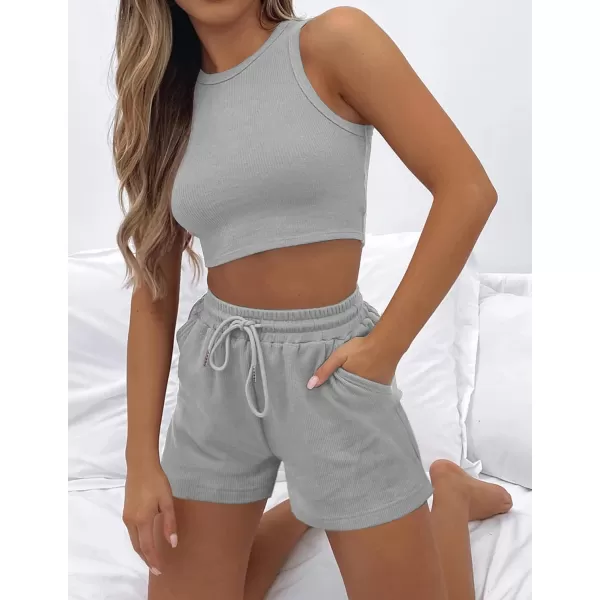 imageZESICA Womens Waffle Knit Sleeveless Crop Top and Shorts Pullover Nightwear Lounge Pajama Set with PocketsCropgrey