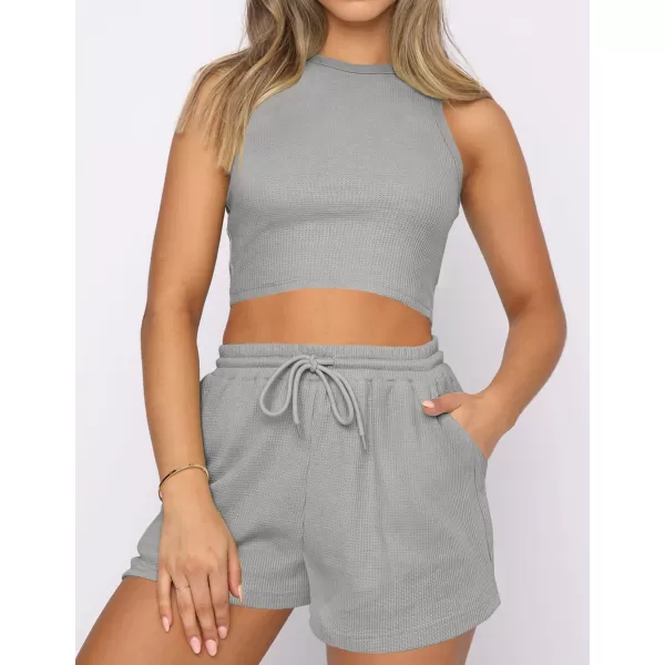 imageZESICA Womens Waffle Knit Sleeveless Crop Top and Shorts Pullover Nightwear Lounge Pajama Set with PocketsCropgrey
