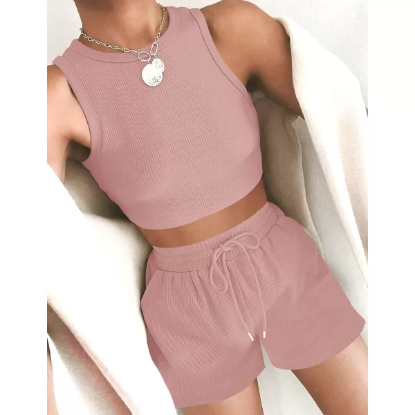 imageZESICA Womens Waffle Knit Sleeveless Crop Top and Shorts Pullover Nightwear Lounge Pajama Set with PocketsCroppink