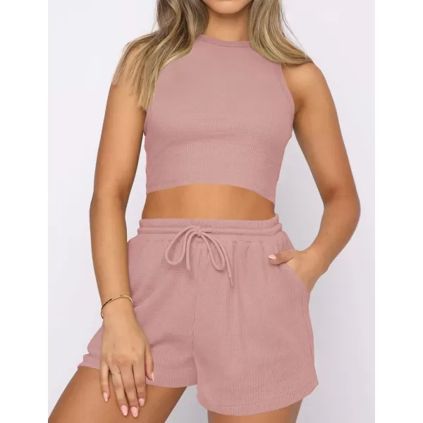 imageZESICA Womens Waffle Knit Sleeveless Crop Top and Shorts Pullover Nightwear Lounge Pajama Set with PocketsCroppink