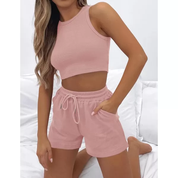 imageZESICA Womens Waffle Knit Sleeveless Crop Top and Shorts Pullover Nightwear Lounge Pajama Set with PocketsCroppink