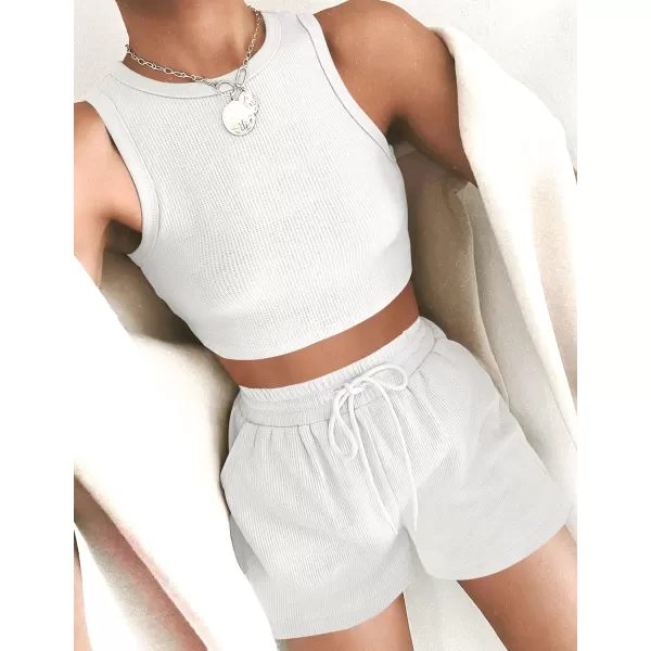 imageZESICA Womens Waffle Knit Sleeveless Crop Top and Shorts Pullover Nightwear Lounge Pajama Set with PocketsCropwhite