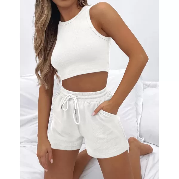 imageZESICA Womens Waffle Knit Sleeveless Crop Top and Shorts Pullover Nightwear Lounge Pajama Set with PocketsCropwhite