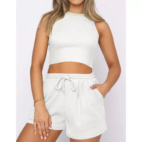 imageZESICA Womens Waffle Knit Sleeveless Crop Top and Shorts Pullover Nightwear Lounge Pajama Set with PocketsCropwhite